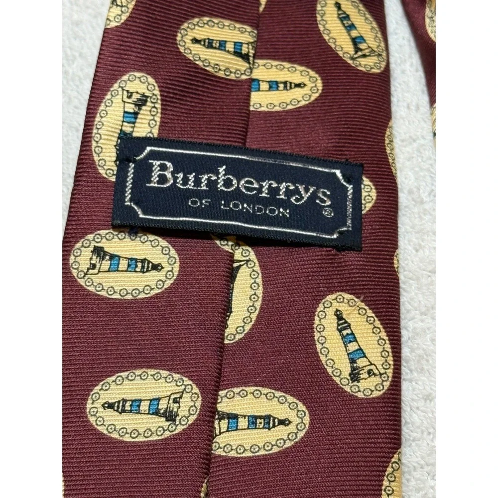 Burberrys of London Mens Silk Tie Burgundy Lighthouse Nautical Hand Sewn USA